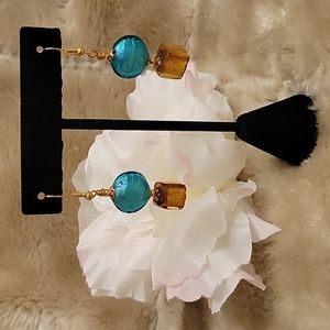 Murano Earrings Turquoise Disc Glass and Gold Cube Glass